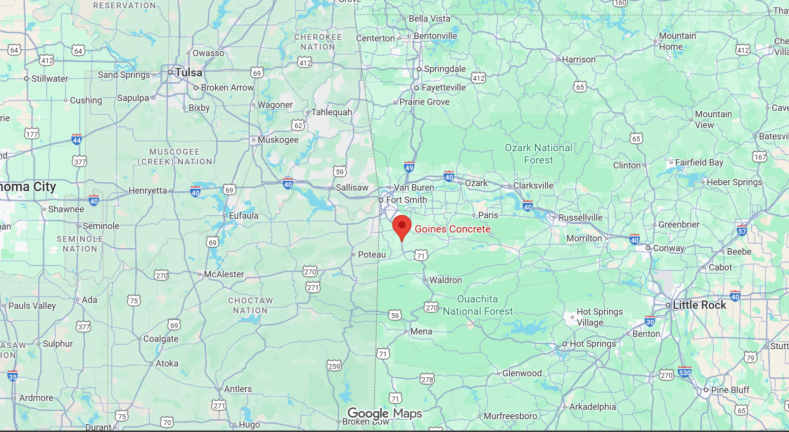 Service area map showing 75-mile + radius around Witcherville, AR